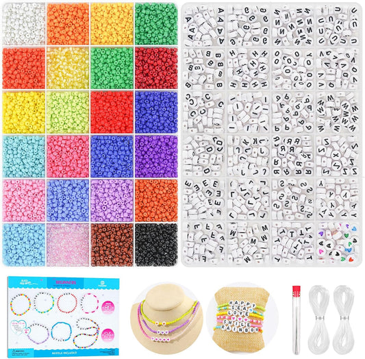 Dowsabel Friendship Bracelet Kit, 10000 Pcs 3mm Glass Seed Beads for Bracelet Making with Letter Alphabet Beads A-Z, 8/0 Craft Bead for Jewelry Making Necklaces and Key Chains with Needle Cord