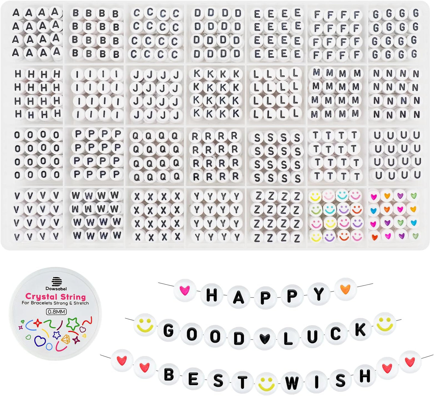 Dowsabel 1400 Pcs Letter Beads, 4x7mm Round Alphabet Beads for Bracelets in 28 Grid Box for Jewelry Making Friendship Bracelet Kit with 1 Roll Crystal String, Gift for Girls Ages 6-13