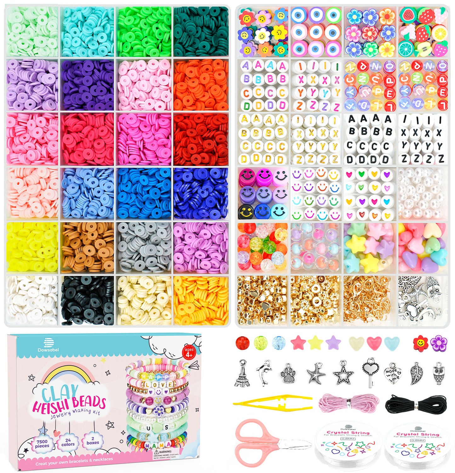 Dowsabel Clay Beads 7500 Pcs Friendship Bracelet Making Kit,2 Boxes 24 Colors Polymer Heishi Beads with Letter Beads Charms Kit for Jewelry Making, DIY Arts and Crafts Gifts Toys for Girls Age 6-12