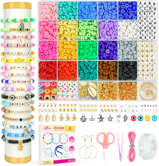 Dowsabel 20 Colors Clay Beads Bracelet Making Kit for Beginner, 5000Pcs Heishi Flat Round Polymer Clay Beads with Charms Kit for Jewelry Making, DIY Arts and Crafts Gifts Toys for Kids Age 6-12
