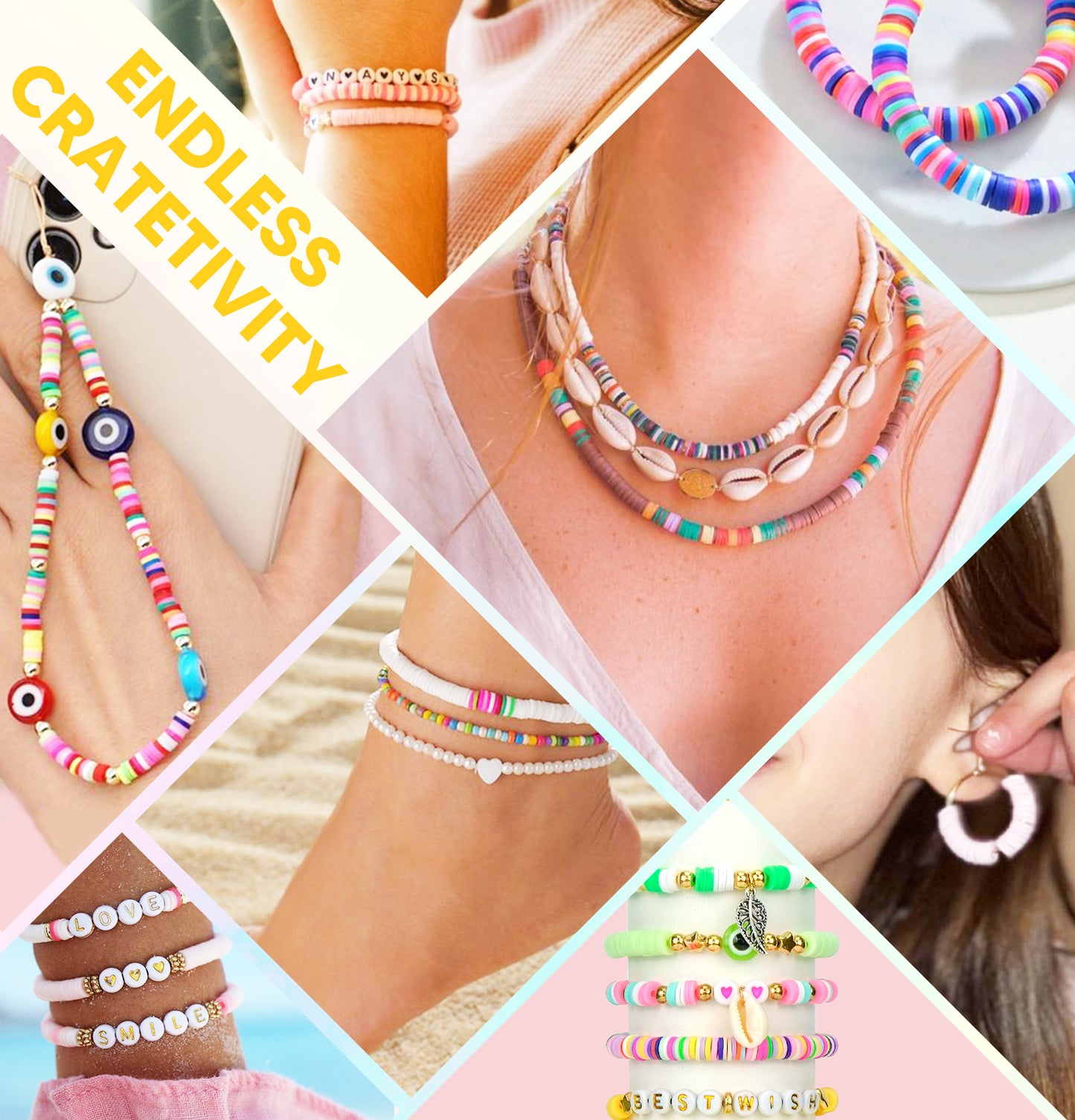Dowsabel 20 Colors Clay Beads Bracelet Making Kit for Beginner, 5000Pcs Heishi Flat Round Polymer Clay Beads with Charms Kit for Jewelry Making, DIY Arts and Crafts Gifts Toys for Kids Age 6-12