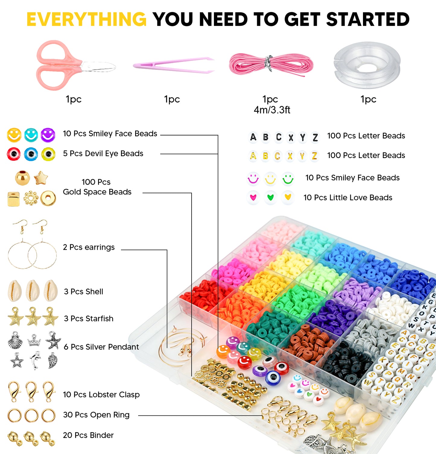 Dowsabel 20 Colors Clay Beads Bracelet Making Kit for Beginner, 5000Pcs Heishi Flat Round Polymer Clay Beads with Charms Kit for Jewelry Making, DIY Arts and Crafts Gifts Toys for Kids Age 6-12