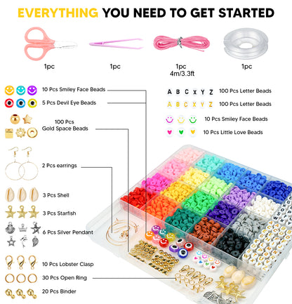 Dowsabel 20 Colors Clay Beads Bracelet Making Kit for Beginner, 5000Pcs Heishi Flat Round Polymer Clay Beads with Charms Kit for Jewelry Making, DIY Arts and Crafts Gifts Toys for Kids Age 6-12